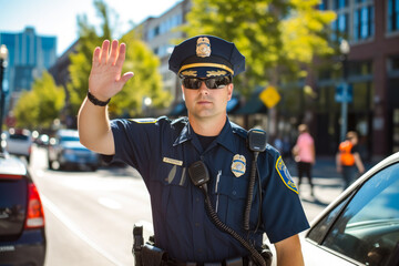 Male police officer directing traffic, trying to ease the congestion in a rush hour