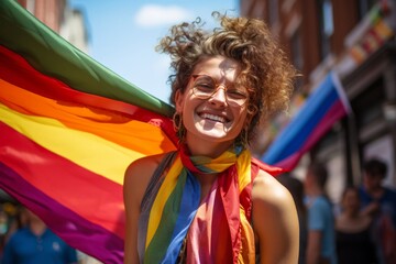 Joyful Individual with Rainbow Flag at Pride Parade.
 Exuberant person draped in pride colors, celebrating diversity.