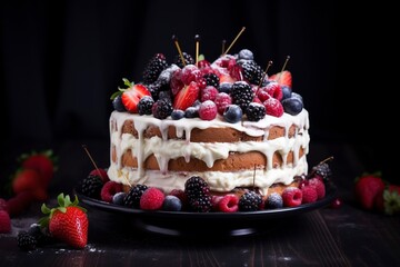 Photo front view of delicious cake with copy space, generative ai