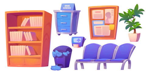 Hospital lobby interior furniture set isolated on white background. Vector cartoon illustration of chairs for clinic corridor, folders with medical records on shelf, shoe covers in drawer, info board