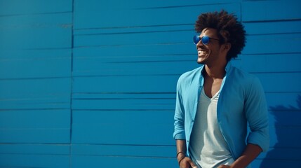 Beautiful African male fashion model standing outside next to a blue wall, grinning and posing while wearing sunglasses. Chic African man with curly hair grinning against a lonely blue backdrop