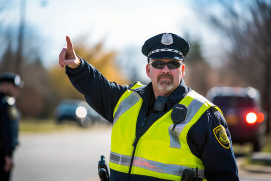 Male police officer directing traffic, trying to ease the congestion in a rush hour
