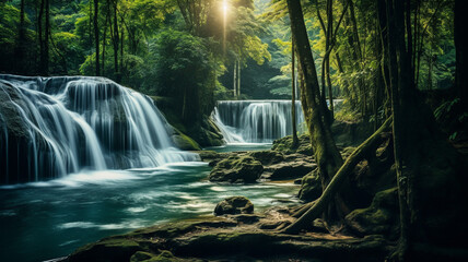 Panoramic beautiful waterfall in deep forest Thailand