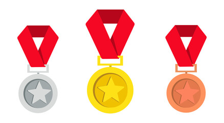 Gold, silver, bronze. 1st, 2nd and 3rd places. Trophy with red ribbon. Flat style - stock vector.