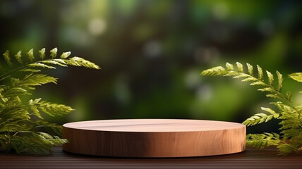 Wooden product display podium with blurred nature deep shadow