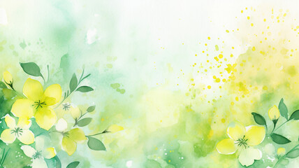 yellow and green watercolor background for spring with beautiful flower - obrazy, fototapety, plakaty