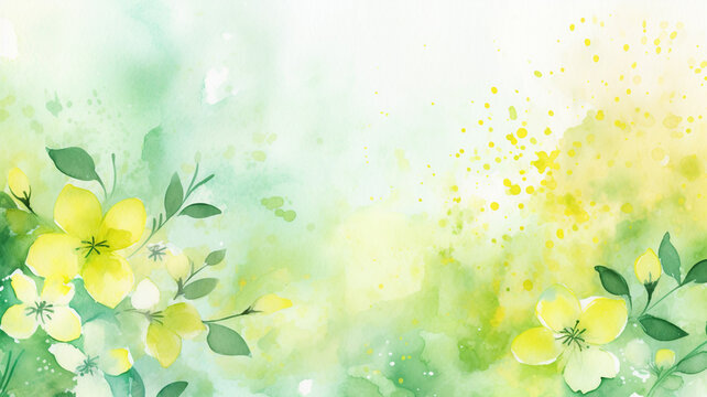 yellow and green watercolor background for spring with beautiful flower