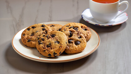 cookies with dark chocolate chips on plate and cup of tea drink