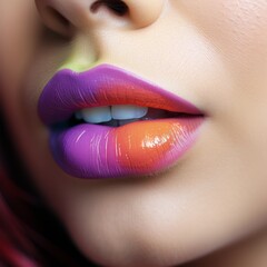 A Vibrant LGBTQI+ Expression: Woman's Lips Adorned with a Colourful Rainbow LGBTQI+ Design. A woman's lips with a rainbow painted on her face
