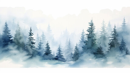 Watercolor Blue winter landscape of foggy forest hill illustration