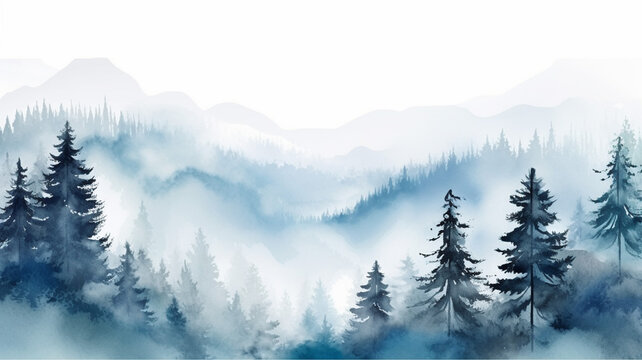 Watercolor Blue winter landscape of foggy forest hill design illustration