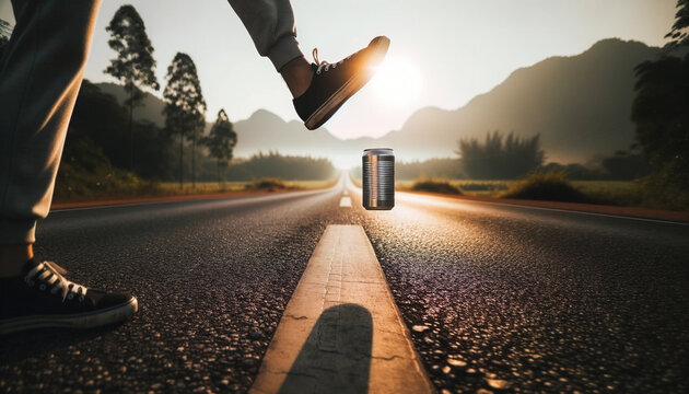 An image of a sunlit road stretching into the horizon. In the foreground, a metallic can is mid-air, having been just kicked by a person's foot - Generative AI