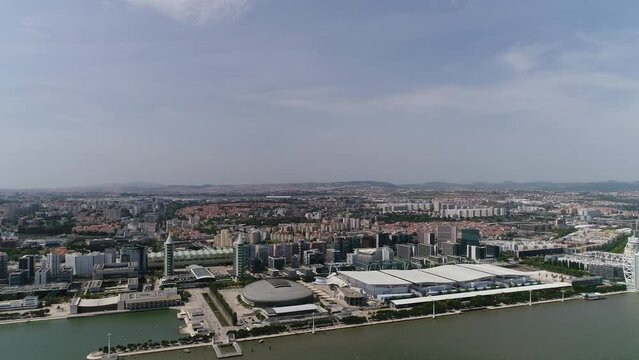 Aerial footage of Park of The Nations in Lisbon (Parque das Na&ccedil;&otilde;es)