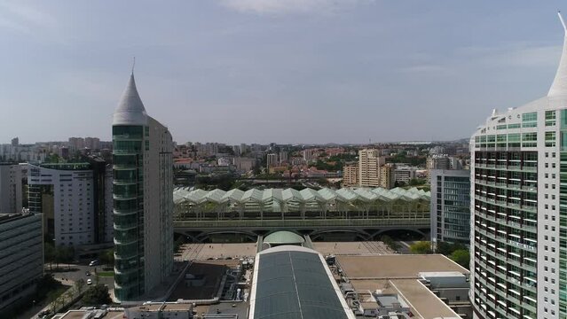 Aerial footage of Park of The Nations in Lisbon (Parque das Na&ccedil;&otilde;es)