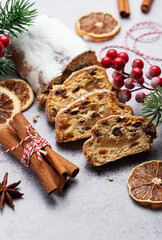 Christmas stollen with winter holidays decoration.