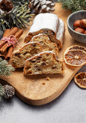 Fototapeta premium Christmas stollen with winter holidays decoration.