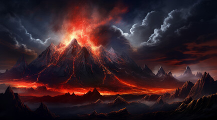 A fiery volcanic eruption on a stark alien landscape under a night sky.