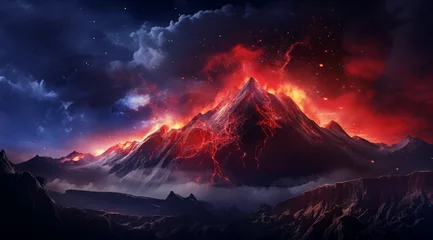 Foto op Canvas A fiery volcanic eruption on a stark alien landscape under a night sky. © Jan