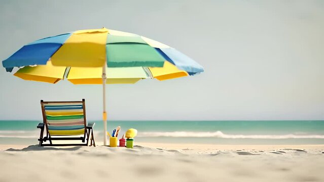 Sunny calm ocean sandy coast background with beach chair and big multicolored umbrella. Sea shore resort outdoor horizontal backdrop. AI generative.