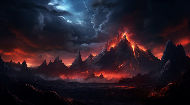 An apocalyptic volcanic eruption with lightning strikes on an otherworldly planet.