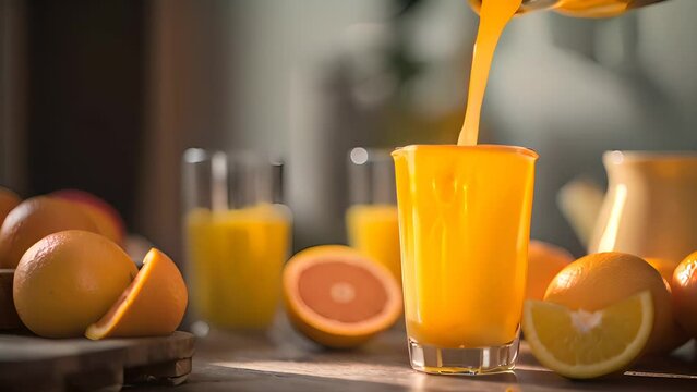 Citrus fresh juice pouring ing glass from jug. Oranges and grapefruits on the indoor background. AI generative.