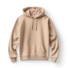 Beige hoodie sweatshirt with a hood and long sleeves on white background