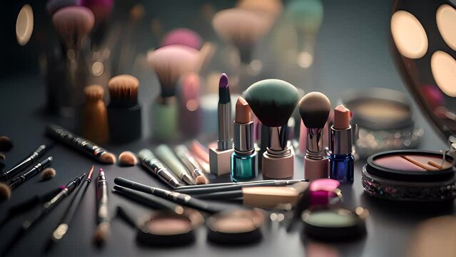Abstract background with close up professional make-up products. Beauty industry accessories. AI generated.