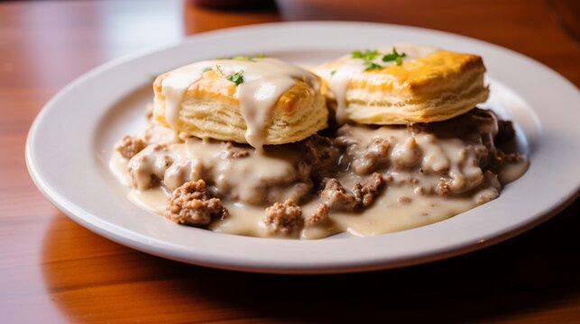 an image of a plate of buttermilk biscuits and sausage gravy --ar 16:9 --v 5.2 - Image #1 @designer