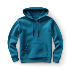 Blue hoodie sweatshirt with a hood and long sleeves on white background