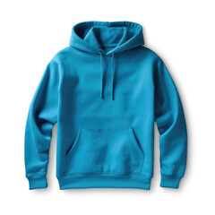 Blue hoodie sweatshirt with a hood and long sleeves on white background