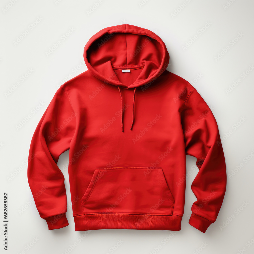 Wall mural Red hoodie sweatshirt with a hood and long sleeves on white background - Wall murals