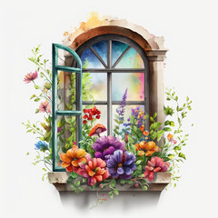 Fototapeta na wymiar window with flowers Colorful Watercolor
