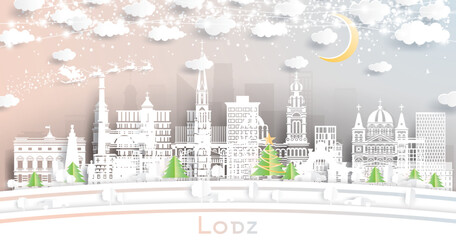 Lodz Poland. Winter city skyline in paper cut style with snowflakes, moon and neon garland. Christmas and new year concept. Santa Claus on sleigh. Lodz cityscape with landmarks.