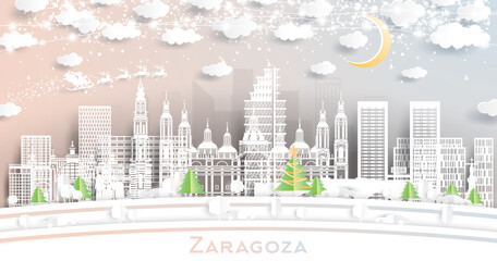 Zaragoza Spain. Winter city skyline in paper cut style with snowflakes, moon and neon garland. Christmas and new year concept. Santa Claus on sleigh. Zaragoza cityscape with landmarks.