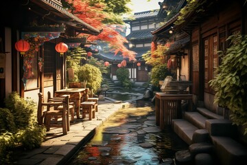 日本の京都風の昼の町並み（京都・奈良・寺院・神社）	
