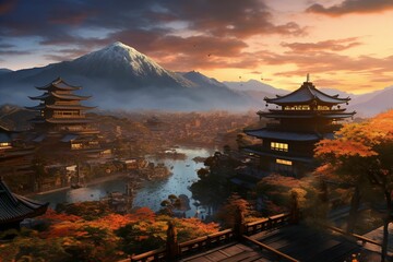 日本の京都風の夕焼けの町並み（京都・奈良・寺院・神社）	
