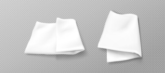 White folded handkerchief mockup. Blank cotton or silk fabric napkin or kitchen towel. Realistic vector set of template for microfiber dishcloth or picnic plaid, blanket or cloth serviette.