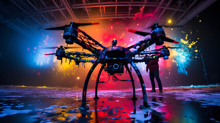 A Drone Illuminated with Lights and Surrounded by Smoke