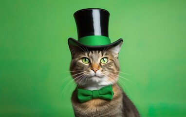 Classy smiling cat in St Patricks Day costume, green eyes looking at the camera, wearing a green bow tie, top hat on green background. Studio light. St Patricks day sale or party banner. AI Generative