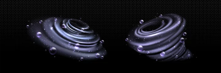 Fotobehang Water swirl with bubbles. Realistic vector set of vortex with detergent or soap foam balls. Liquid underwater spin whirlwind with shampoo blobs and transparent overlay effect on dark background. © klyaksun