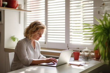Mature woman working at home, using laptop