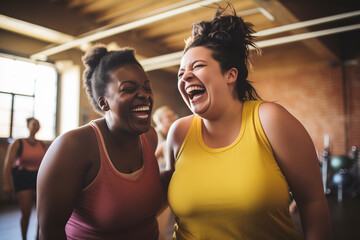 Joyful diversity plus size women in the aerobic class, carefree and happiness emotions