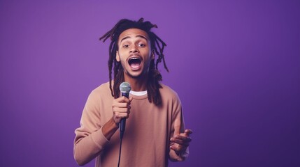 This image features a carefree and sassy young hipster guy with dreadlocks, dancing and gesturing while singing during a rap battle, all set against a purple background with copy space on one side.