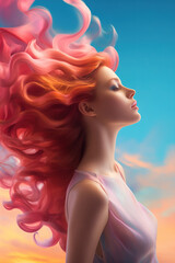 Fototapeta na wymiar Cute and sensual young woman with flowing pink hairs, artistic summer portrait