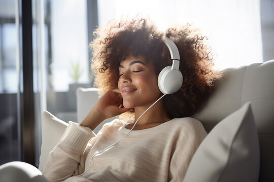 Beautiful smiling woman with curly hairs listening music with a headphones at the window, relaxing at home.