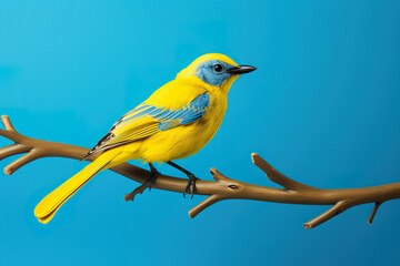 Yellow bird sitting on the branch, light blue background