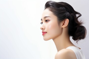 Fototapeta premium 肌の綺麗な日本人女性の横顔（アジア人・白背景・背景なし） 
