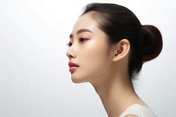 肌の綺麗な日本人女性の横顔（アジア人・白背景・背景なし）	 - obrazy, fototapety, plakaty