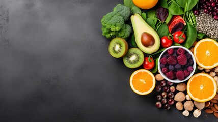Healthy food clean eating selection fruit, vegetable, seeds, superfood, cereal, leaf vegetable on gray concrete background, generative ai