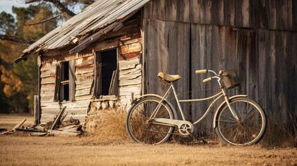 a bicycle parked in front of a log cabin - Powered by Adobe